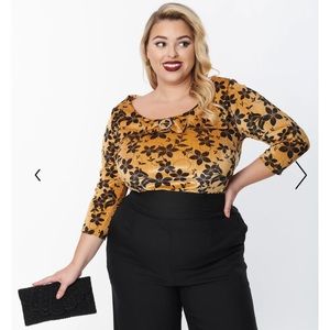 NWT Unique Vintage Velvet Gold Floral Wide Collar & Bow Top 1X 16